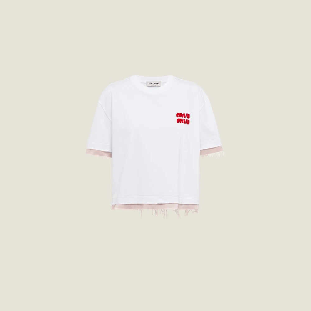 Miu Miu Embroidered Cotton T-shirt With Raw-cut Hem