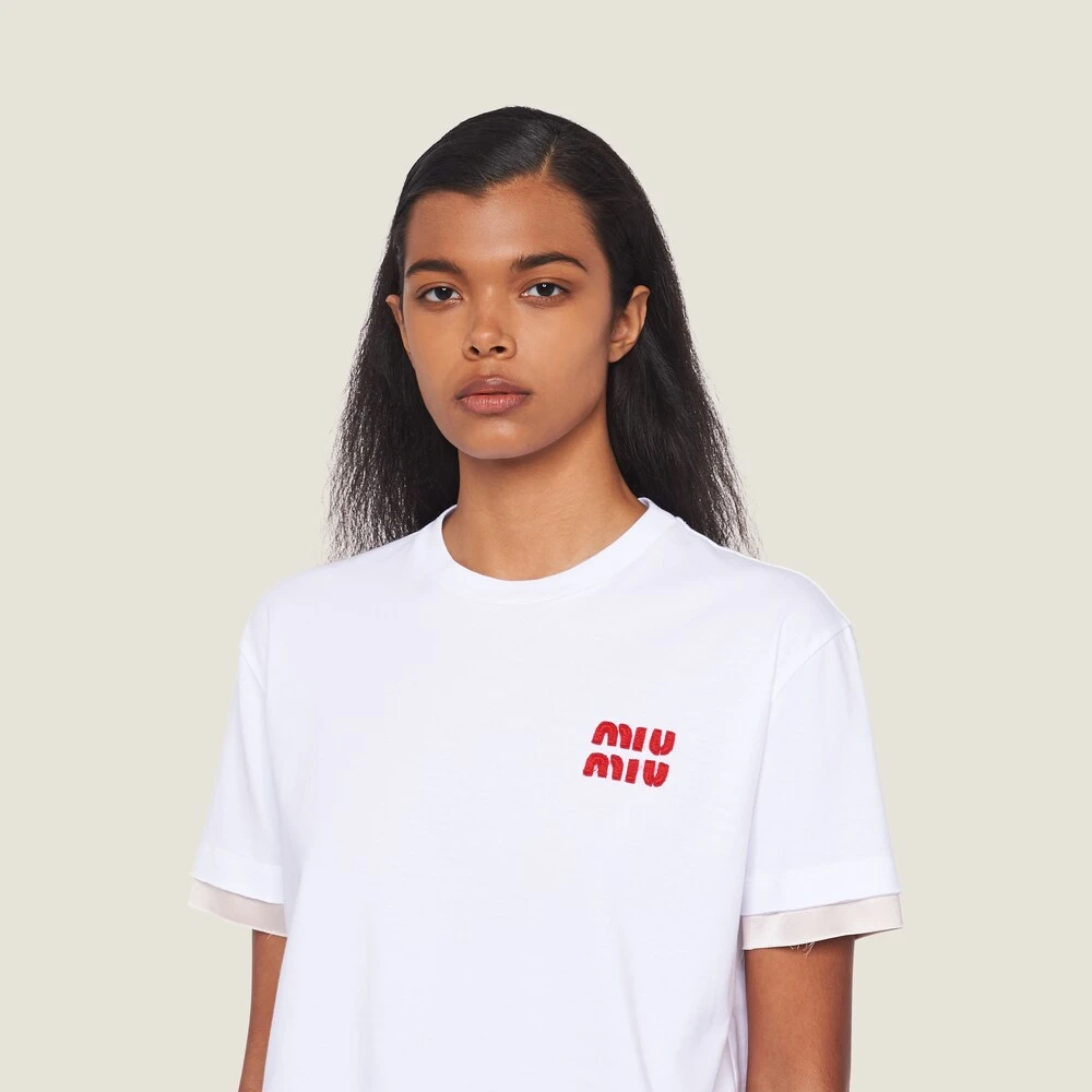 Miu Miu Embroidered Cotton T-shirt With Raw-cut Hem - Image 4