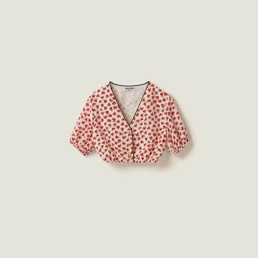 Miu Miu Heart Print Crepe De Chine Top