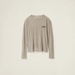 Miu Miu Long-sleeved Garment-dyed Ribbed Knit Jersey T-shirt