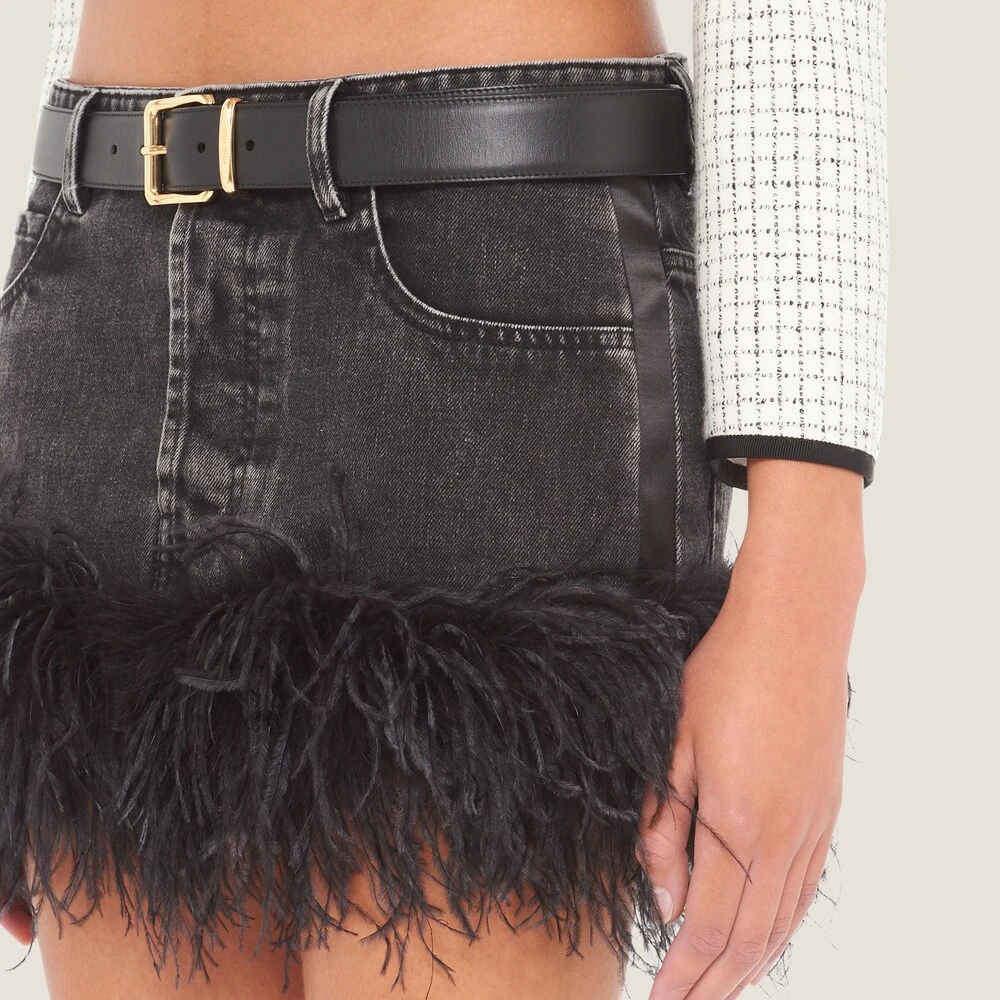 Miu Miu Denim Miniskirt With Feathers - Image 4