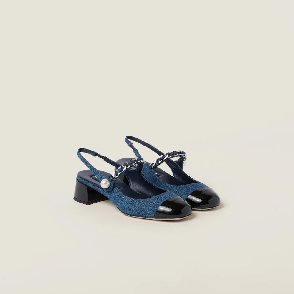 Miu Miu Denim And Patent Leather Slingback Pumps