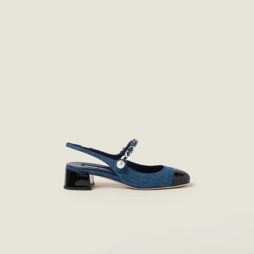 Miu Miu Denim And Patent Leather Slingback Pumps - Image 2