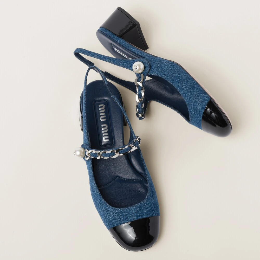 Miu Miu Denim And Patent Leather Slingback Pumps - Image 4