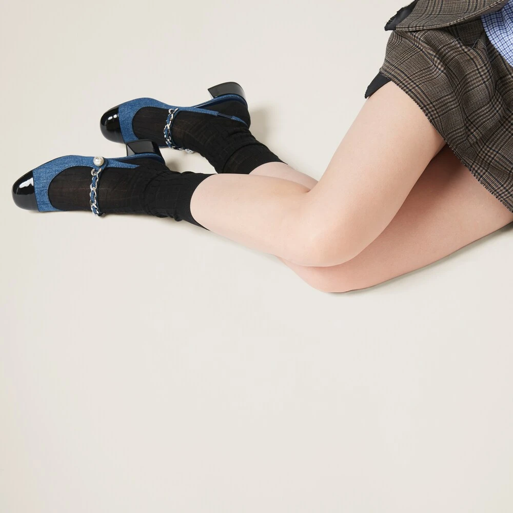 Miu Miu Denim And Patent Leather Slingback Pumps - Image 5